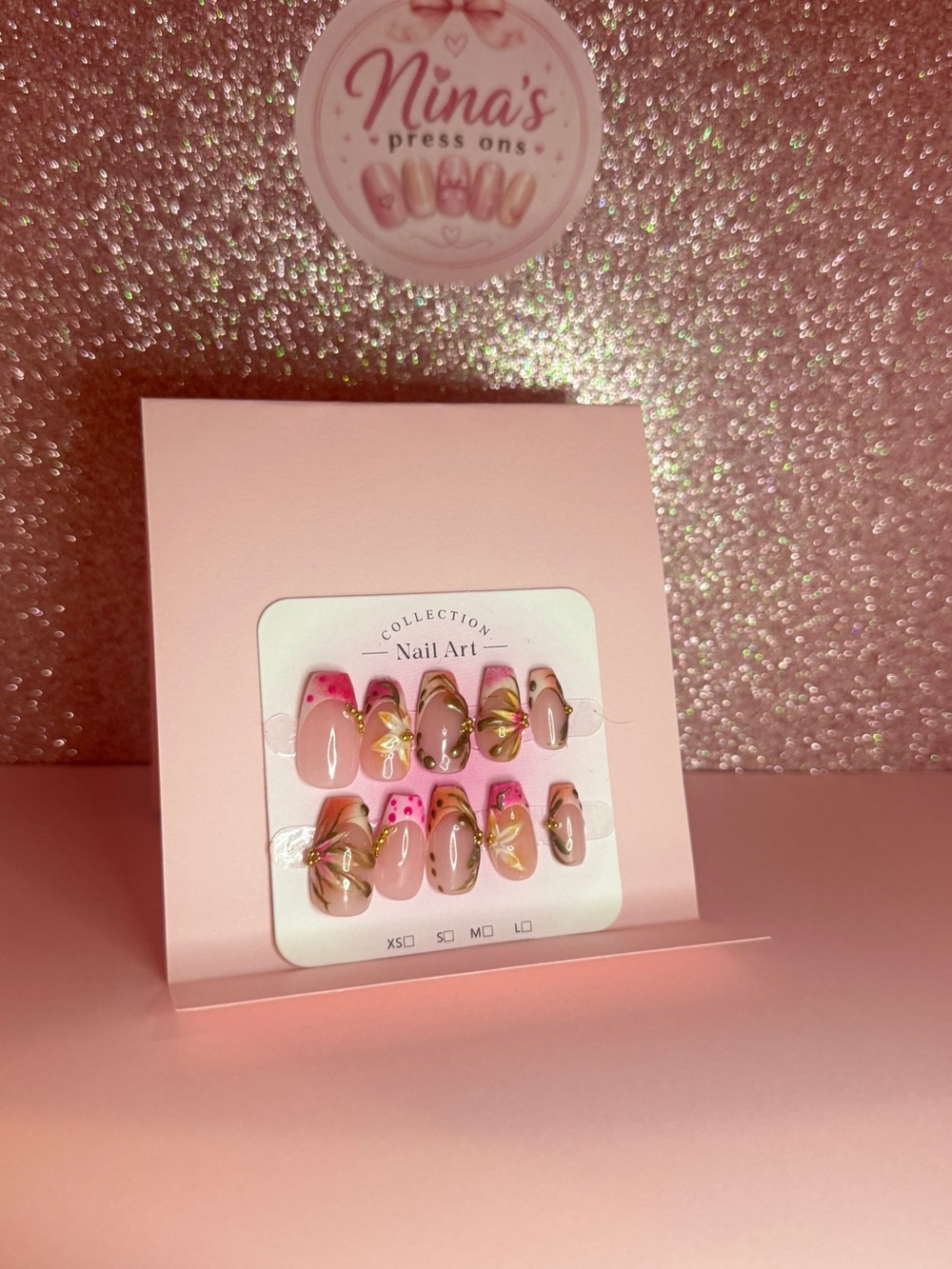 Coffin French tips medium size pink Orange and gold floral